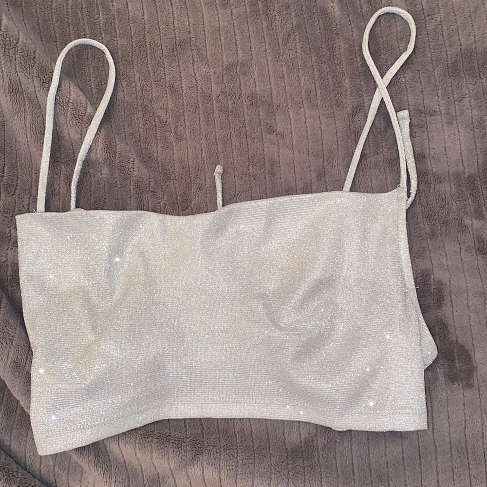 Sparkly silver open back tie top